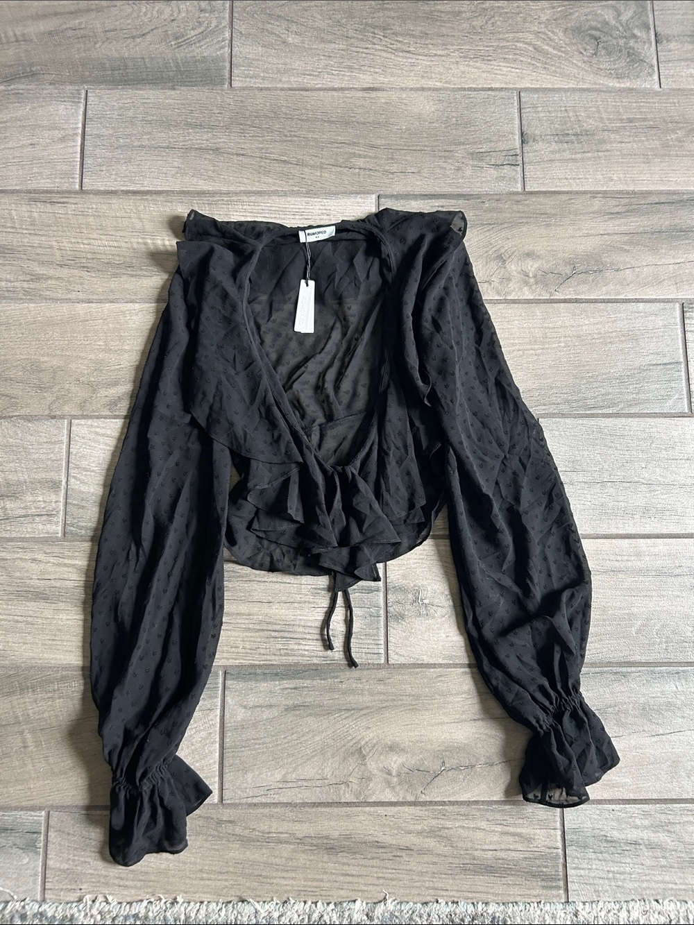 Rumored Black Sheer Ruffle Tie-Front Blouse